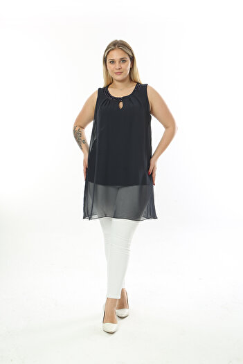XL Modam WOMEN'S LARGE SIZE LYCRAL CHIFFON INSIDE VISKOSE COLLAR NAVY STONE NAVY BLUE TUNIC