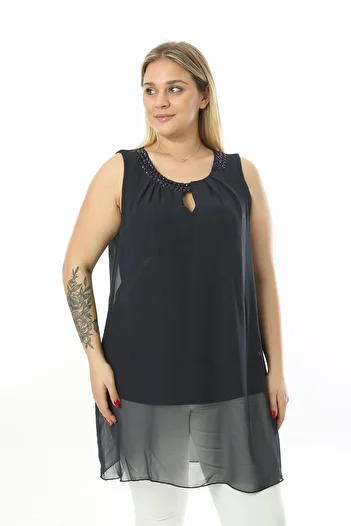 XL Modam WOMEN'S LARGE SIZE LYCRAL CHIFFON INSIDE VISKOSE COLLAR NAVY STONE NAVY BLUE TUNIC