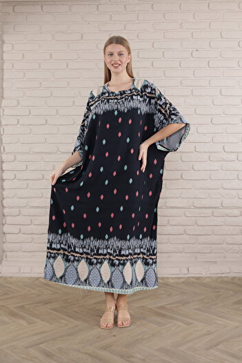 mervemoda Women's Black print plus size woven viscose dress long dress