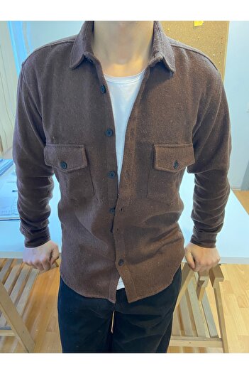 COOL TARZ Dark Brown Men's Slim Fit Buttoned Collar Double Pocket Plain Lumberjack Shirt