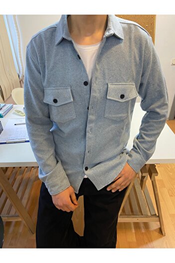 Tarz Cool Turquoise Men's Slim Fit Buttoned Collar Double Pocket Plain Lumberjack Shirt