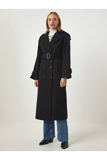 Laluvia Černé nárameníky Belted Coat- 500002