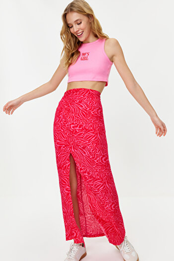 Trendyol Collection Pink Maxi Length Woven Skirt - Animal Pattern and Slit Detail TWOSS24ET00003