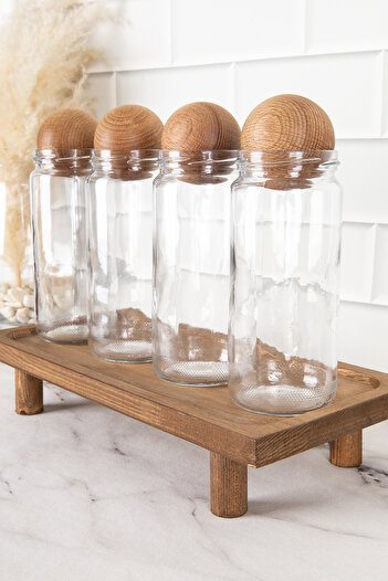 DNS HOME 4-Piece Glass Jar Set with Ball Lid and Wooden Stand Spice Jar Set Storage Container 500 ml