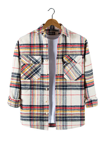 VEAVEN Cream Regular Fit Shirt Collar Plaid Double Pocket Lumberjack Shirt