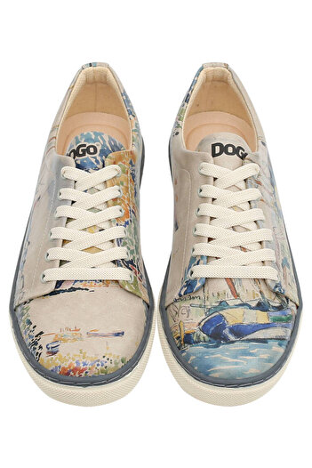Dogo Women's Vegan Leather Beige Sneakers - Watercolor And Sailors Design
