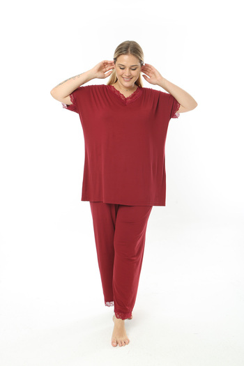 MODA LİZZA Women's Large Size Claret Red 2-Piece Pajama Set