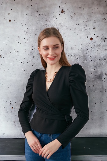 HAKKE Shoulder Detail Scuba Blouse with Belted Waist