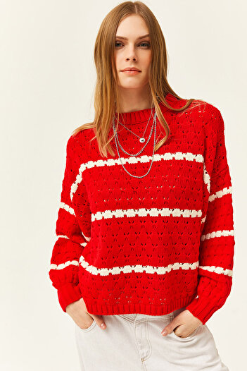 Olalook Women's Red Striped Honeycomb Knitted Balloon Sleeve Knitwear Sweater KZK-19000772