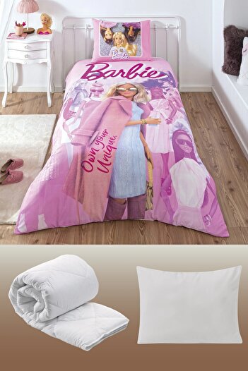 Taç Barbie Pink Power Licensed Single Girl's Sleeping Set 5 Pieces 100% Cotton