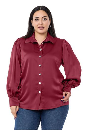 DISENTIS MODEST Plus Size Satin Burgundy Shirt with Cuff and Sleeve Top