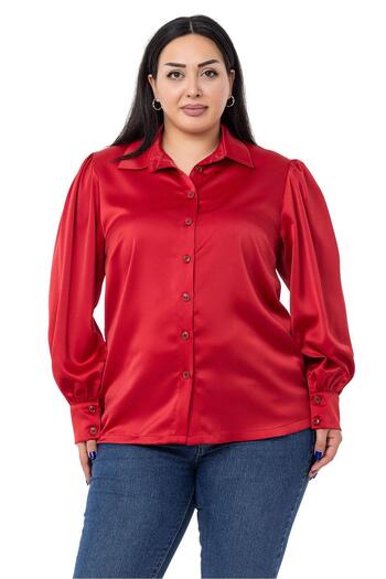 DISENTIS MODEST Plus Size Satin Red Shirt with Cuff and Sleeve Top