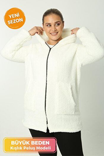 tarzımsüper Large Size Warm Plush Sweat Zippered Hooded 2 Pockets Knitted Plush Fleece Sweatshirt