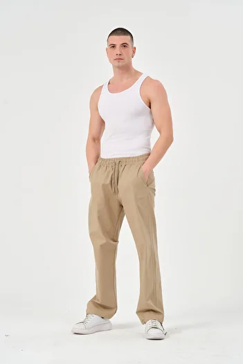 RELAXL Wide Leg Elastic Waist Cotton Gabardine Men's Baggy Dark Beige Trousers