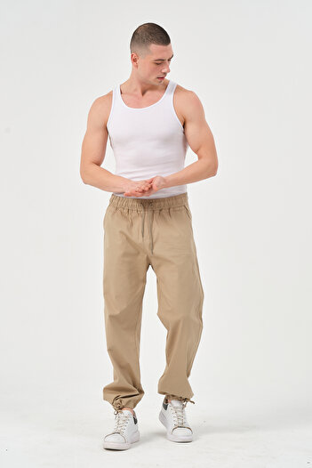 RELAXL Wide Leg Elastic Waist Cotton Gabardine Men's Baggy Dark Beige Trousers