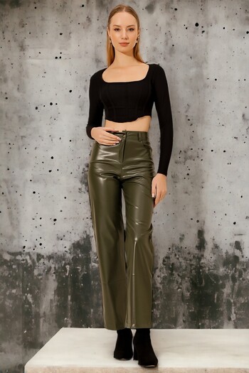 HAKKE Women's High Waist Leather Trousers