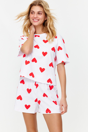 Trendyol Collection Bílé 100% bavlněné srdce s šortkami Pletené pyžamo Set THMSS24PT00029
