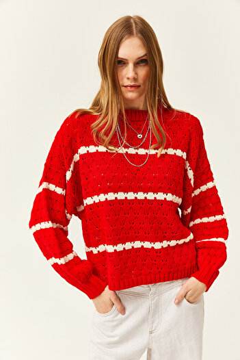 Olalook Women's Red Striped Honeycomb Knitted Balloon Sleeve Knitwear Sweater KZK-19000772