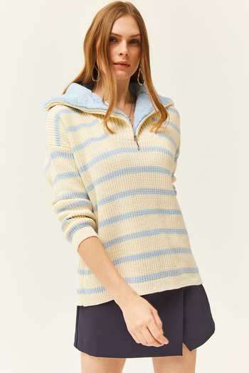 Olalook Women's Baby Blue Fur Collar Striped Oversize Knitwear Sweater KZK-19000766