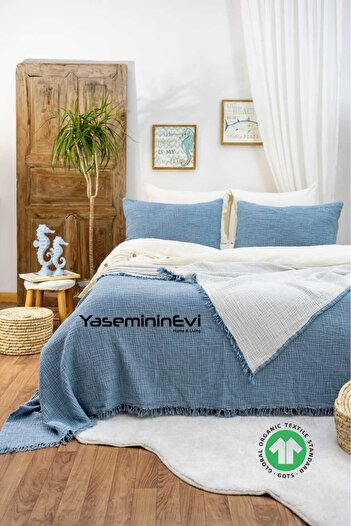 YASEMİNİNEVİ Κάλυμμα κρεβατιού μουσελίνας 4 στρώσεων Petrol Color / 2 Μαξιλαροθήκες