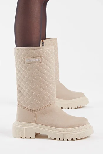 Tonny Black Women's Cream Suede Quilted Patterned Comfortable Long Boots