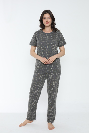 PİJAMOOD Cotton Gray Patterned Women's Short Sleeve Pajamas Set