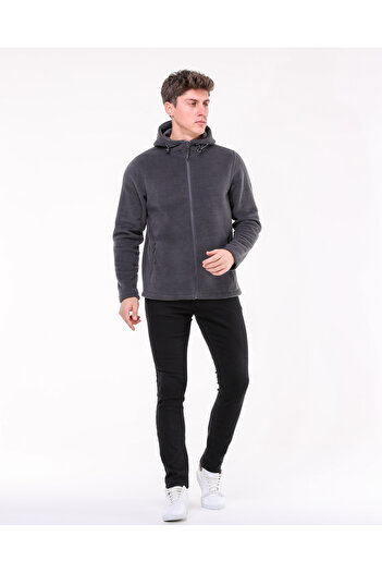 RED RACE Füme Kapşonlu Fermuarlı Polar Sweatshirt