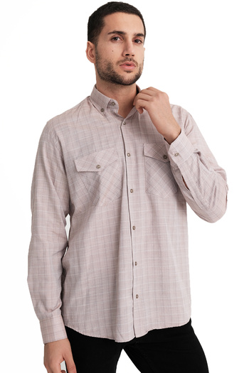 Varetta Men's Salmon Color Double Pocket Flap Long Sleeve Classic Cut Cotton Shirt