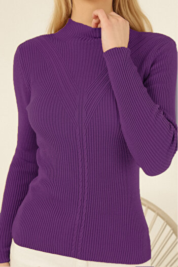 VEGENZE Pulover de damă, mov, cu talie înaltă, tricot cu coaste, cu model