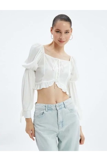 Koton Balloon Sleeve Crop Blouse Frilly U Neck Tied 4wal60017ıw Ecru
