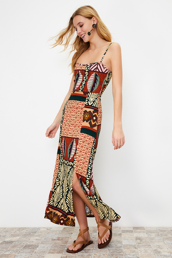 Trendyol Collection Colorful Printed Textured Midi Dress - Adjustable Strap, Wrap TWOSS24EL00401