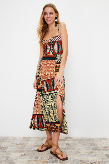 Trendyol Collection Colorful Printed Textured Midi Dress - Adjustable Strap, Wrap TWOSS24EL00401