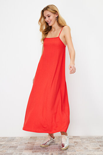 Trendyol Collection Red A-Line Maxi Dress - Adjustable Strap and Square Collar Wrap Texture Knitted TWOSS24EL00060