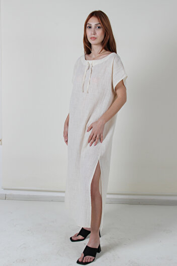 ARİNNASİDE Women's Slit Lace-up Boat Neck Long Dress
