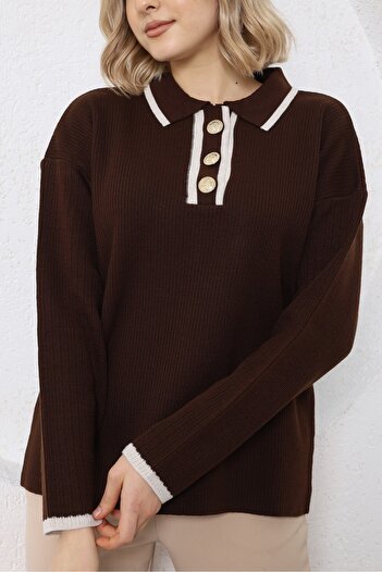 VEGENZE Women's Brown Beige Buttoned Polo Collar Knitwear Sweater