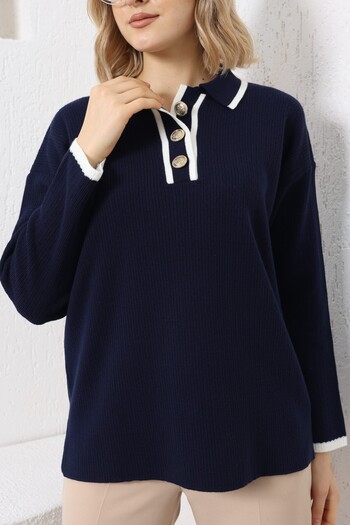 VEGENZE Women's Navy Blue Ecru Buttoned Polo Collar Knitwear Sweater
