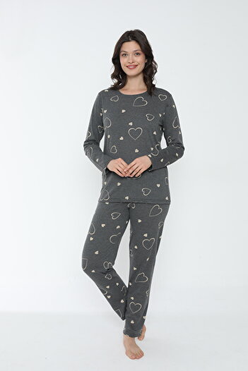 PİJAMOOD Cotton Gray Patterned Women's Long Sleeve Pajama Set