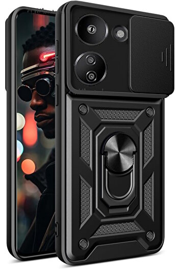 m.tk moveteck Xiaomi Redmi 13C Case with Camera Protection Sliding Rotatable Ring Armor Military Tank Skid Cover