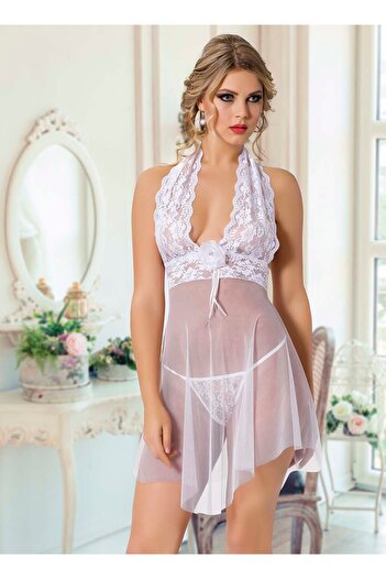 TİSTA White Nightgown Women's Short Tulle Strap Stylish Lace Detailed