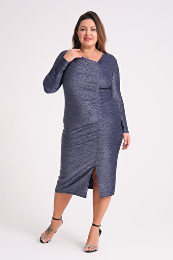 Madwilo Rochie drapată cu fante flexibile, cu sclipici, albastru bleumarin de damă