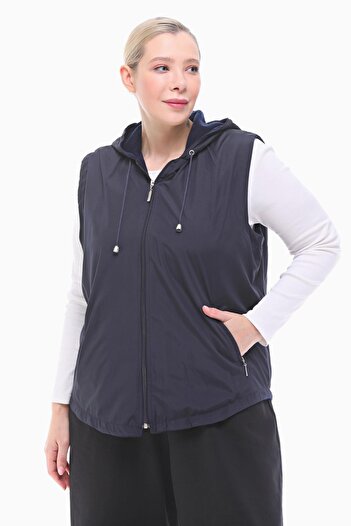 VETRE Women's Large Size Hooded Navy Blue Fleece Vest 1026
