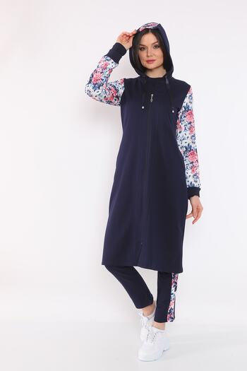 WestBound Women's Sleeve Digital Printed Zippered Hooded Triple Tunic Tracksuit Set