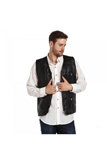hoaryage Men's Black Genuine Lambskin Vest with Fur Inside and Piping