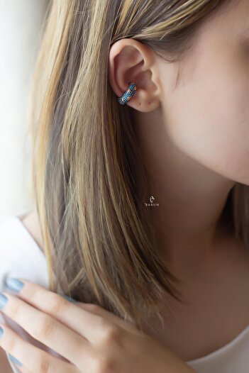 BY BARUN SİLVER Kıkırdak Earcuff Mavi Firuze Yuvarlak 925 Ayar Zirkon Taşlı Rose Pembe Sıkıştırmalı Gümüş Kıkırdak