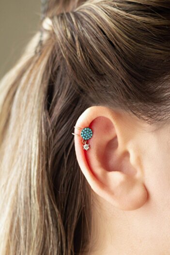 BY BARUN SİLVER Tektaş Kıkırdak Earcuff Yuvarlak 925 Ayar Zirkon Taşlı Mavi Rose Pembe Sıkıştırmalı Gümüş Küpe