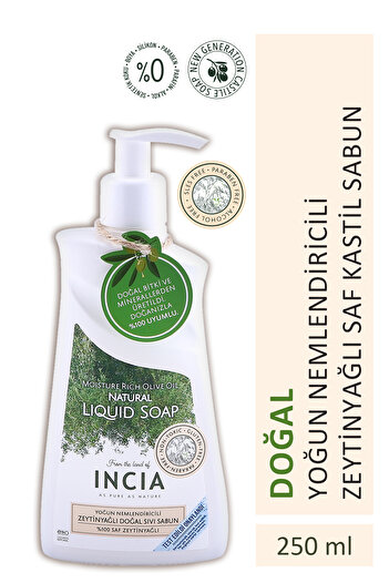 Incia 100% Natural Liquid Castile Soap Intensive Moisturizing with Olive Oil 10 Herbal Precious Oil Vegan 250 ml