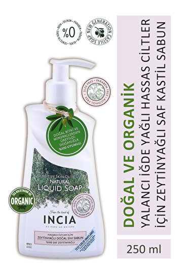 Incia 100% Natural Liquid Castile Soap with Olive Oil for Sensitive Skin 10 Herbal Precious Oils Vegan 250 ml