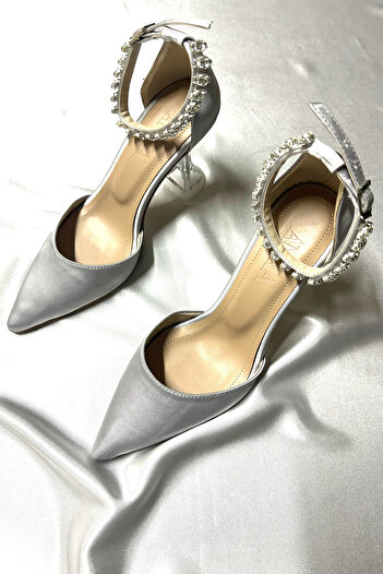 TrendyAnka Lady Satin Silver Crystal Jewelled 8 Cm Transparent Heeled Pointed Toe Evening Dress Shoes