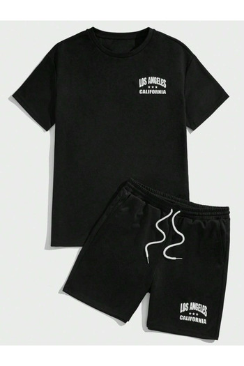 trendgar Unisex Black Losangeles Printed Oversize Shorts Set