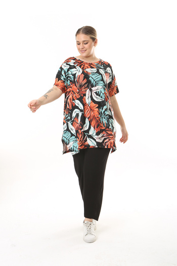 XL Modam WOMEN'S LARGE SIZE ORANGE BLUE LEAVE PATTERNED LYCRAL TUNIC